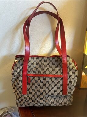 Gucci Beige GG Canvas Tote with Red Leather Straps